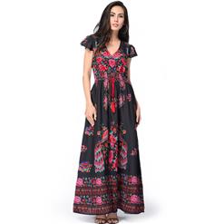 Graceful Cap Flounce Sleeves Floral Print Pleats Summer Beach Maxi Dress N14101