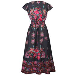 Graceful Cap Flounce Sleeves Floral Print Pleats Summer Beach Maxi Dress N14101