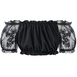 Sexy Black Organza Off Shoulder Ruched Ruffled Crop Top N14113