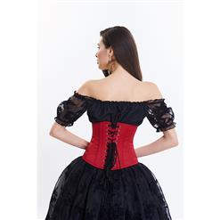 Victorian Gothic Black Off Shoulder Organza Crop Top Skirt Set with Brocade Embroidery Underbust Corset N14123