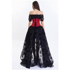 Victorian Gothic Black Off Shoulder Organza Crop Top Skirt Set with Brocade Embroidery Underbust Corset N14123