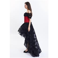 Victorian Gothic Black Off Shoulder Organza Crop Top Skirt Set with Brocade Embroidery Underbust Corset N14123