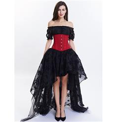 Victorian Gothic Black Off Shoulder Organza Crop Top Skirt Set with Brocade Embroidery Underbust Corset N14123