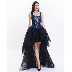 Victorian Gothic Brocade Embroidery Shoulder Strap Tank Overbust Corset Organza Skirt Set N14125