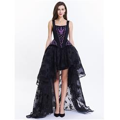 Victorian Gothic Brocade Embroidery Shoulder Strap Tank Overbust Corset Organza Skirt Set N14126