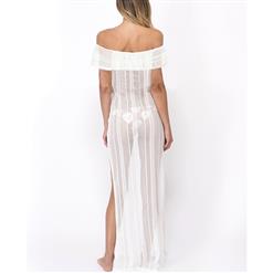 Sexy White Stripe See-through Fishnet Lace Off the Shoulder Cover Up N14145