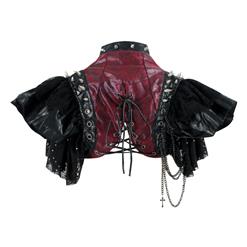 Gothic Black Leather Lace Cape Black Chain Steampunk Rivet and Cross Embellished Shrug  N14164