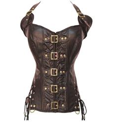 Vested Brocade Gothic Overbust Corset, Plastic Boned Corset, Steampunk Corset Vest for Women, Gothic Brown Strap Overbust Corset, #N14171