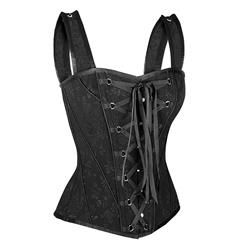 Black Floral Print Steel Boned Lace Up Women's Vest  Corset  N14283