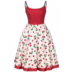 Women's Vintage Floral Print Sweetheart Neckline Spaghetti Strap Swing Midi Dresses N14395