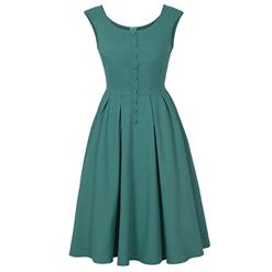 Women's Vintage Round Neck Sleeveless Pleated Swing Midi Dresses N14396