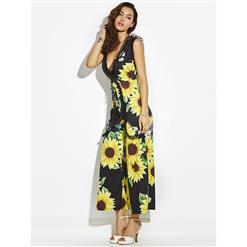 Hot Summer Deep V Pleated Patchwork Sunflower Print Wide Legs Jumpsuit N14400