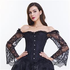 Women's Fashion Plastic Boned Black Overbust Corset with Long Floral Lace Sleeve N14474