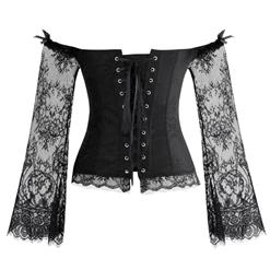 Women's Fashion Plastic Boned Black Overbust Corset with Long Floral Lace Sleeve N14474