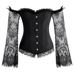 Women's Fashion Plastic Boned Black Overbust Corset with Long Floral Lace Sleeve N14474