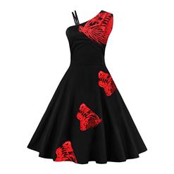 Vintage Retro One Shoulder Embroidery Cocktail Party Flare Dress N14484