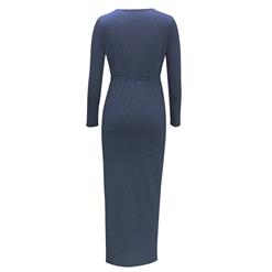 Women's V Neck Long Sleeve Drawstring Waist Side Split Casual Beach Maxi Dress N14551