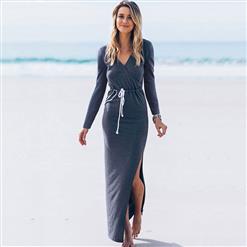 Women's V Neck Long Sleeve Drawstring Waist Side Split Casual Beach Maxi Dress N14551