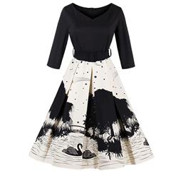Women's Vintage Black 3/4 Length Sleeves A-Line Floral Print Swing Dress N14643