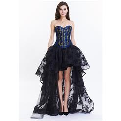 Women's Victorian 14 Steel Boned Embroidery Overbust Corset High-low Organza Skirt Set N14697