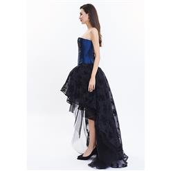 Women's Victorian 14 Steel Boned Embroidery Overbust Corset High-low Organza Skirt Set N14697