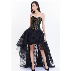 Women's Victorian 14 Steel Boned Embroidery Overbust Corset High-low Organza Skirt Set N14700