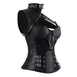 Women's Steampunk Black Steel Boned One-shoulder Leather Spiral Stripe Shape Overbust Corset N14705