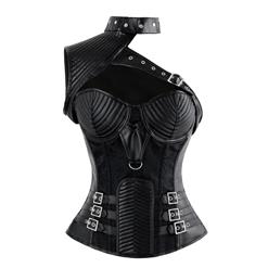 Women's Steampunk Black Steel Boned One-shoulder Leather Spiral Stripe Shape Overbust Corset N14705