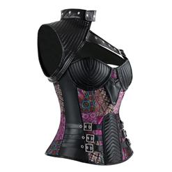 Women's Steampunk Purple Steel Boned One-shoulder Leather Spiral Stripe Shape Overbust Corset N14706