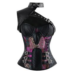 Women's Steampunk Purple Steel Boned One-shoulder Leather Spiral Stripe Shape Overbust Corset N14706