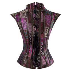 Women's Steampunk Purple Plastic Boned Jacquard Overbust Corset with Decorative Cap Sleeve Shrug N14710