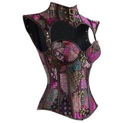 Women's Steampunk Purple Plastic Boned Jacquard Overbust Corset with Decorative Cap Sleeve Shrug N14710