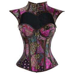 Women's Steampunk Purple Plastic Boned Jacquard Overbust Corset with Decorative Cap Sleeve Shrug N14710