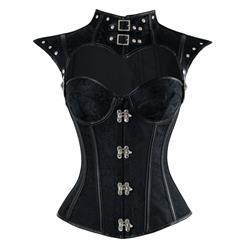 Women's Steampunk Black Plastic Boned Jacquard Overbust Corset with Decorative Cap Sleeve Shrug N14711