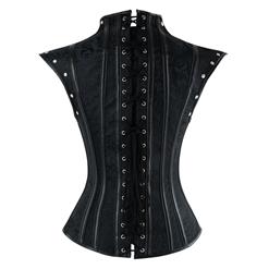 Women's Steampunk Black Plastic Boned Jacquard Overbust Corset with Decorative Cap Sleeve Shrug N14711