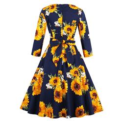 Women's Retro Vintage Round Neck 3/4 Length Sleeve Sunflower Pattern A-Line Swing Dress N14726