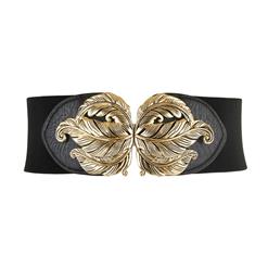 Vintage Metal Leaf Buckle Stretch Wide Waist Belt Waistband For Women N14834