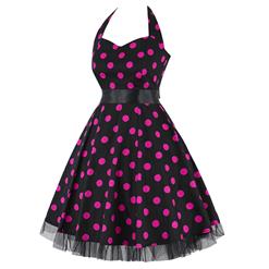 Vintage Sweetheart Neckline Halter Backless Polka Dot Casual Swing Knee-length Dress N14843