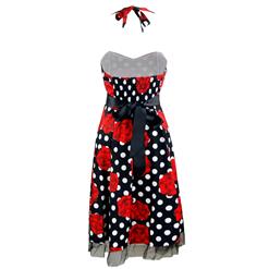 Vintage Sweetheart Neckline Halter Backless Polka Dot Flower Casual Swing Knee-length Dress N14845