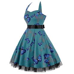 Vintage Sweetheart Neckline Halter Backless Butterfly Print Casual Swing Knee-length Dress N14856