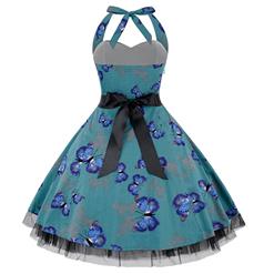 Vintage Sweetheart Neckline Halter Backless Butterfly Print Casual Swing Knee-length Dress N14856
