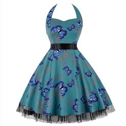 Vintage Sweetheart Neckline Halter Backless Butterfly Print Casual Swing Knee-length Dress N14856