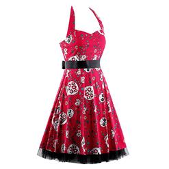 Vintage Sweetheart Neckline Halter Backless Skull Print Casual Swing Knee-length Dress N14862