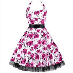 Vintage Sweetheart Neck Halter Backless Flower Print Casual Swing Knee-length Day Dress N14863