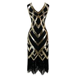 Women's Vintage 1920s V Neck Sleeveless Sequin Art Deco Cocktail Flapper Dress N14890