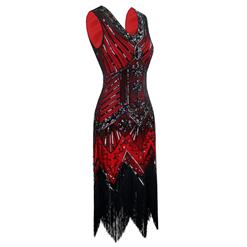 1920s Sleeveless V Neck Sequin Inspired Cocktail Fringed Flapper Dress N14897