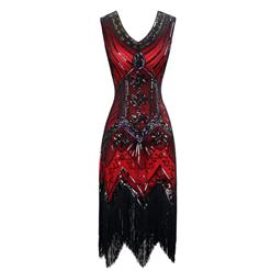 1920s Sleeveless V Neck Sequin Inspired Cocktail Fringed Flapper Dress N14897