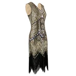 1920s Sleeveless V Neck Sequin Inspired Cocktail Fringed Flapper Dress N14898