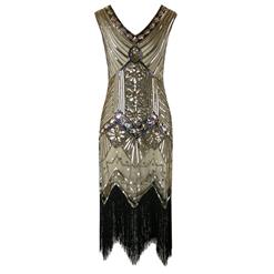 1920s Sleeveless V Neck Sequin Inspired Cocktail Fringed Flapper Dress N14898