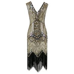 1920s Sleeveless V Neck Sequin Inspired Cocktail Fringed Flapper Dress N14898